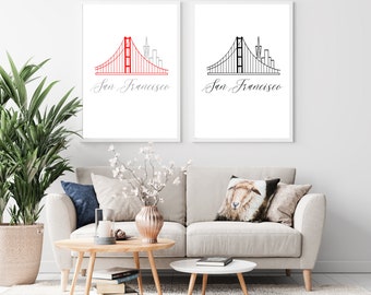 San Francisco Travel Print Set | Red & Black City Outline | Golden Gate Bridge Cityscape | Digital Art Instant Download