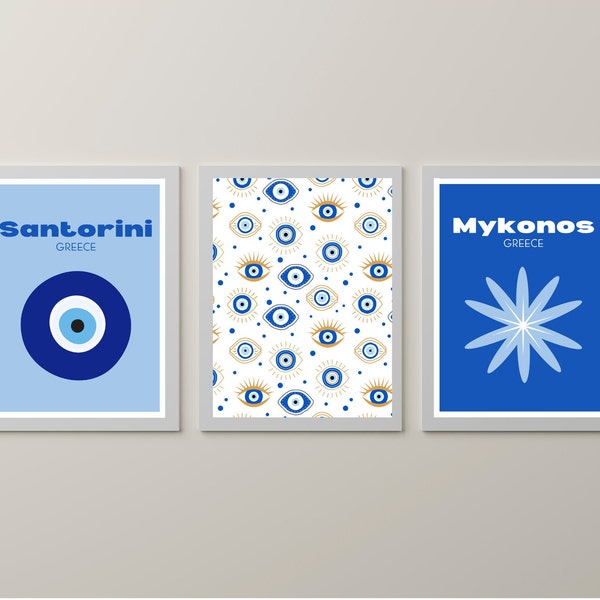 Greek Island Travel Print Set l Mykonos + Santorini + Evil Eye | Blue Island Travel Art | Digital Art Instant Download