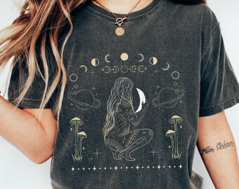 Whimsigoth cogumelo camisa lua criança camisa mística roupas bruxa goblincore camisa celestial camisa deusa da lua manifesto camisa