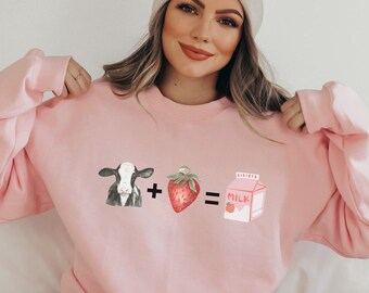 Cow Sweatshirt Strawberry Sweater Strawberry Cow Strawberry Milk Cow Crewneck Cow Shirt Strawberry Cow Sweatshirt Cow Clothing Cottagecore