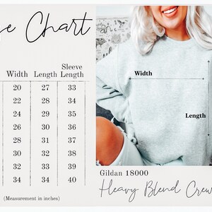 May include: Size chart for a Gildan 18000 Heavy Blend Crewneck sweatshirt. The chart shows measurements in inches for width, length, and sleeve length for sizes S through 5XL.