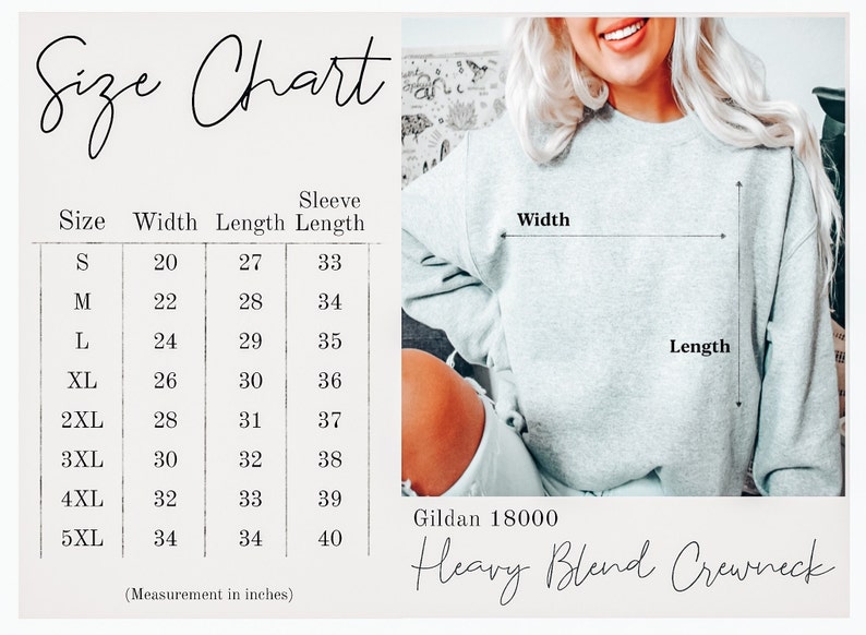 May include: Size chart for a Gildan 18000 Heavy Blend Crewneck sweatshirt. The chart shows measurements in inches for width, length, and sleeve length for sizes S through 5XL.