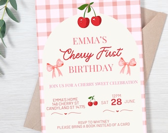 Cherry First Birthday Checkered Plaid Invitation | Cutesy Dainty Girl 1st Invite Red Cherry Theme Party | Digital Editable Template