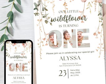 Wild ONE Wildflower Floral 1st Birthday Invitation– Wild And ONEderful First Birthday Editable Custom Personal Photo Party Template Invite