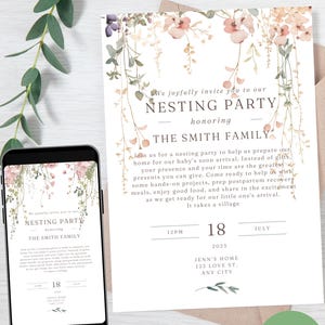Blomsterinbjudan till "Prep This Nest" med två mallar | Alternativ redigerbar inbjudan till babyshowern "Bless This Nest" för blivande mamma