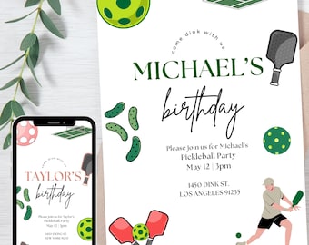Editable Pickleball Party Invitation | Modern Pickleball Birthday Invite | Minimalist Hunter Green & Pink Printable Sports Event Template