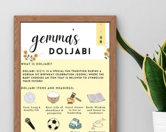 Doljabi Explanation Birthday Sign | Minimalist Korean Girl Dohl 1st Poster  | Custom Editable Minimalist Yellow 돌잡이 | Doljanchi Decor 돌잔치