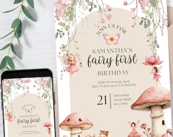 Fairy First Birthday Pink Invitation | Whimsical Butterfly Mushroom Garden Party | Editable Template Custom Fairies Enchanted Woodland Theme