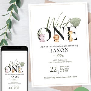Invito per il primo compleanno di Wild ONE con animali da safari/Modello modificabile per la festa nella giungla minimalista/Invito stampabile per il primo compleanno