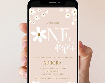 May include: A pink and white digital invitation with a white daisy and the text "Little Miss *NE derful" in gold. The invitation is for a first birthday party for Aurora, with the date and time of the party listed. The text "Instead of a card, please bring a book" is also included.