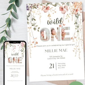 Lot d'invitations pour premier anniversaire, thème fleurs sauvages de Wild ONE | Invitation personnalisée modifiable pour le 1er anniversaire d'une fille bohème florale, imprimable