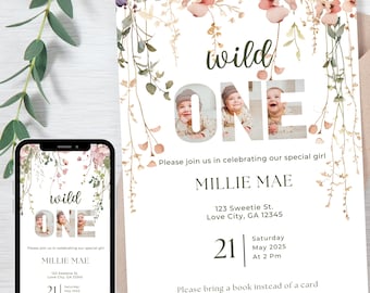 May include: A digital invitation design featuring the words "wild ONE" with a photo of a baby. The invitation includes details for Millie Mae's first birthday, with floral accents and the text "Please bring a book instead of a card."