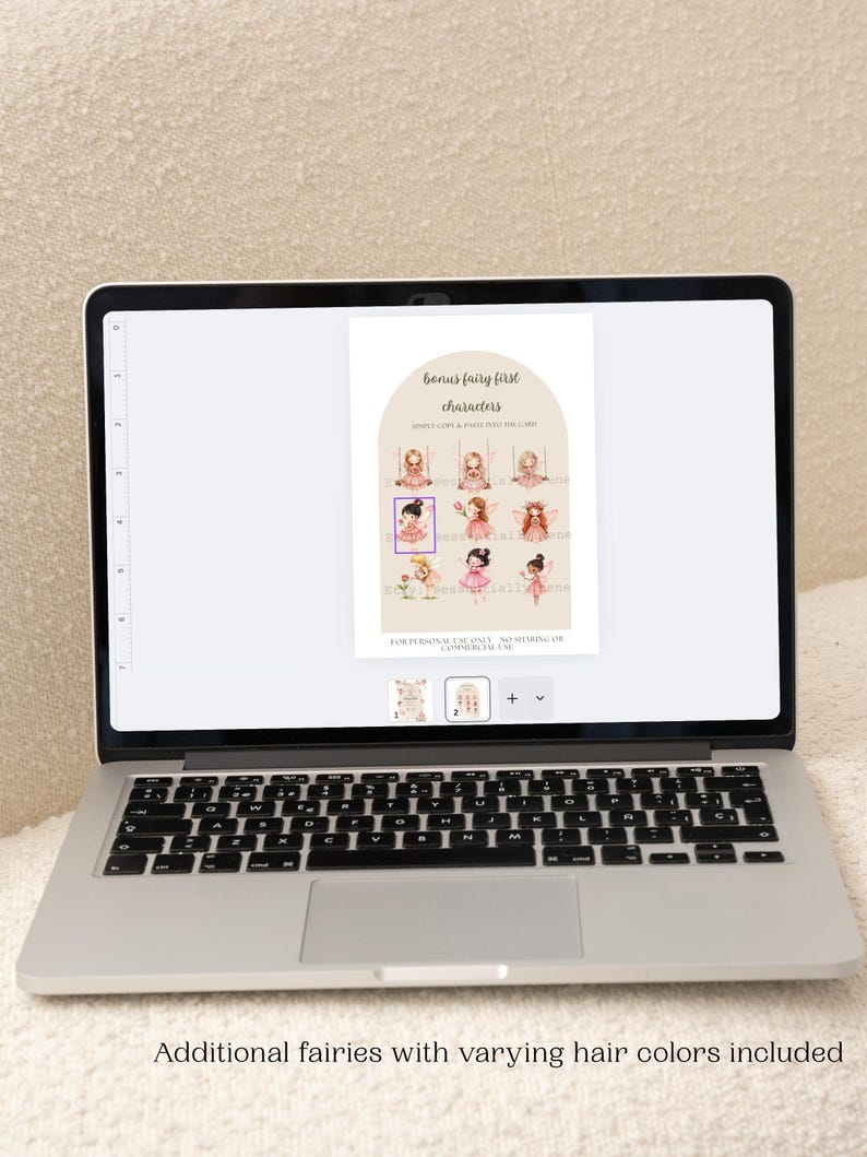 May include: A laptop displays a digital print featuring illustrations of fairies with varying hair colors and outfits. The text "bonus fairy first characters" is at the top. The bottom of the screen shows the text "Additional fairies with varying hair colors included".