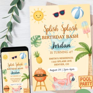 Könnte beinhalten: Eine digitale Einladung mit Poolparty-Thema. Das Design zeigt eine lächelnde Sonne, Sonnenbrille, einen Strandball und ein Eis am Stiel. Der Text lautet "Splish Splash Birthday Bash" und enthält Party-Details.