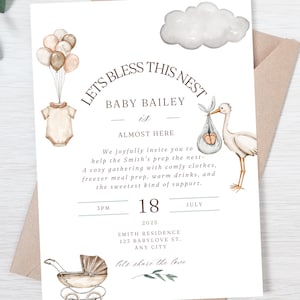 Mall för minimalistisk akvarell inbjudan till Bless This Nest-fest | Redigerbar alternativ inbjudan före bebis till Prep The Nest-babyshowern