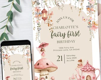 Fairy First Birthday Invitation | Whimsical Fairies Enchanted Forest Butterfly Mushroom Garden 1st Birthday Party Invite | Editable Template