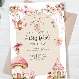 Faire-part de premier anniversaire de fée | Thème de jardin enchanté de papillon rose fantaisiste | Modèle d'invitation personnalisé modifiable pour un 1er anniversaire