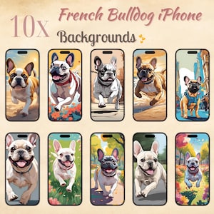 Anime-Style French Bulldog Phone Wallpapers | Cute Frenchie iPhone Backgrounds | Aesthetic Boho Smartphone Wallpaper Set | Digital Download