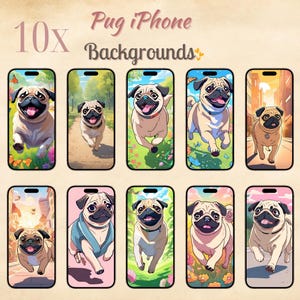 Anime-Style Pug Phone Wallpapers | Cute Pug iPhone Backgrounds | Aesthetic Boho Smartphone Wallpaper Set | Digital Download