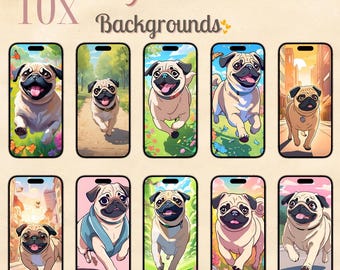 Anime-Style Pug iPhone Wallpaper Set | Cute Phone Backgrounds (Digital Download)
