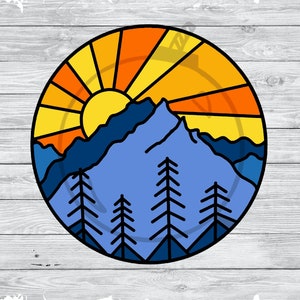 Siluetta della catena montuosa, albero di pino SVG, Wilderness PNG, sole JPG, immagine di sublimazione dell'alba, semplice acquascivolo Best Seller Decal Color
