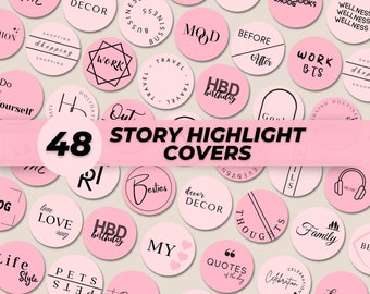 May include: A collection of 48 pink and white story highlight covers. Each cover features a word or icon, such as "Work," "Travel," or a music note, on a circular background. The words are in a variety of fonts.