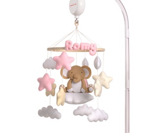 Baby Mobile Handmade | Custom Name | Elephant Mobile | Baby Mobile Girl | Nursery Mobile | Baby Shower Gift | Felt Mobile