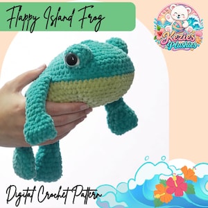 Pode incluir: Uma pelúcia de sapo feita em crochê nas cores verde-azulado e verde-claro com grandes olhos de plástico preto. O texto Flappy Island Frog e Digital Crochet Pattern é visível na imagem, junto com um logotipo de um urso branco segurando um novelo.