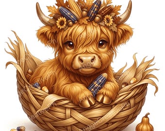 Highland Cow 15 JPG Clipart, Fall Harvest Baby Cow Digital Download, Thanksgiving Farmhouse Sublimation, Cute Cow Corn Basket Illustration