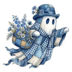 May include: A whimsical illustration of a ghost wearing a patchwork outfit and hat, carrying a basket of blue flowers. The ghost is primarily blue and white, with a gingham scarf and a stitched design. The overall theme is a charming, friendly ghost.