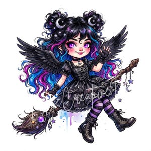 Goth Fairy Girl Clipart Bundle, 10 Dark Fantasy Chibi Girl JPG, Gothic Witch Fairy Watercolor Art, Cute Emo Fairy Digital Download