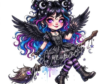 Pacote de Clipart de Garota Fada Gótica, 10 Imagens JPG de Garota Chibi de Fantasia Sombria, Arte em Aquarela de Bruxa Fada Gótica, Download Digital de Fada Emo Fofa