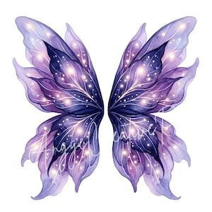 May include: A pair of symmetrical fairy wings rendered in watercolor style, featuring deep purple and light lavender hues. The wings display intricate vein patterns highlighted by small, glowing white dots, creating a luminous effect.