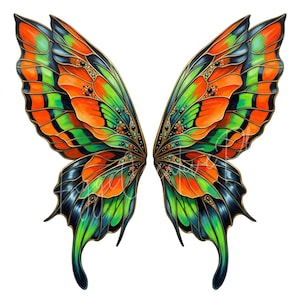 May include: A pair of symmetrical butterfly wings featuring vibrant orange and bright green segments outlined in deep black. The intricate wing patterns include small, scattered gold-toned accents and fine detailing throughout the structure.