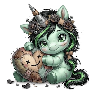 May include: A mint green creature with black hair and green highlights, featuring a metallic horn, stitched facial details, and dark roses. It holds a large, brown, heart-shaped plush toy with visible stitching, a smiling face, and X-shaped eyes.