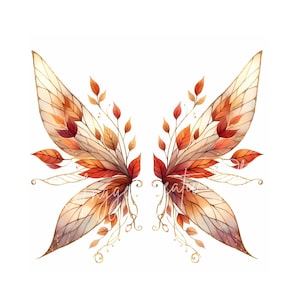 May include: Watercolor illustration of fairy wings in warm autumn colors. The wings feature a delicate, veined design with shades of orange, red, and gold. Small branches with leaves are interspersed throughout, and the wings have a golden shimmer.
