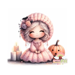 Halloween Chibi Clipart Set of 10 JPEGs | Cute Chibi Doll JPEGs | Pastel Light Pink Crochet | High-Quality 300 DPI | Halloween Fall Decor