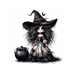 Witch in Black Clip Art 10 High Res Watercolor JPGs Gothic Creepy Cute Witch, Spooky Printables & Crafts Halloween Graphics, Commercial Use