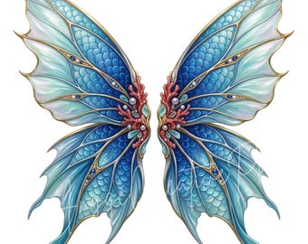 Mermaid Tail Fairy Wings PNG Bundle, Teal Coral Fantasy Clipart (19 PNG)