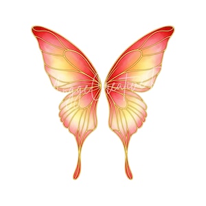 May include: Watercolor illustration of butterfly wings in shades of red, pink, and yellow, with gold outlines. The wings are symmetrical and detailed, with a gradient effect. The text "Angel Creations" is visible on the wings.