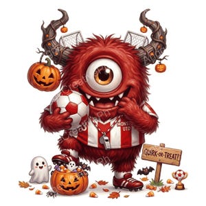 17 imágenes prediseñadas JPEG de monstruos de fútbol de Halloween, lindo monstruo cíclope de fútbol, personaje deportivo espeluznante, sublimación de Halloween para niños, diario de recortes