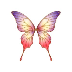May include: Watercolor illustration of butterfly wings in shades of purple, pink, and yellow, outlined in gold. The wings are symmetrical and detailed, with a gradient effect. The image is on a white background.