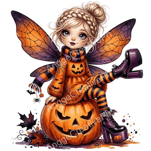 May include: A fairy illustration featuring a character with blonde braided hair, orange and purple wings, and a pumpkin-themed sweater. The fairy sits on a large jack-o'-lantern, wearing striped leggings and platform boots with bat accents.