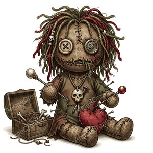 May include: A burlap voodoo doll with button eyes, stitched mouth, and messy yarn hair. It wears a skull pendant and holds pins, one piercing a red heart. Beside it sits a small wooden chest containing loose bones, beads, and sewing needles.