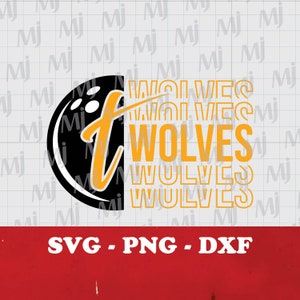 May include: A black and yellow graphic design featuring a bowling ball and the text "I  WOLVES". The text is repeated multiple times in a stacked pattern.