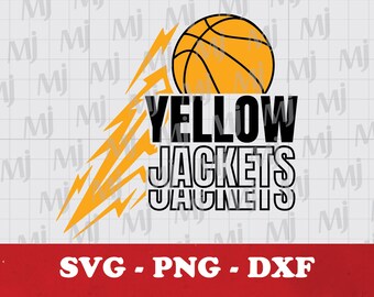 May include: A black and yellow graphic design featuring a basketball and the text "YELLOW JACKETS" in bold black lettering. The design is set against a white background with a red border at the bottom. The text "SVG - PNG - DXF" is at the bottom of the design.