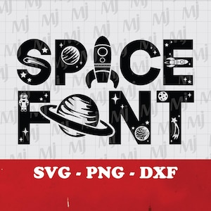 May include: Black and white graphic design of the word "SPACE FONT" with space-themed illustrations including a rocket, planets, stars, and an astronaut.