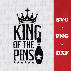 May include: Black and white graphic design featuring the text "King of the Pins" and a bowling pin with a star. The design also includes a crown.