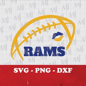 May include: A yellow football with a white stitching design and a blue and yellow lips graphic. The word "RAMS" is written in blue letters below the football.