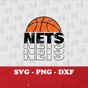 Może przedstawiać: Czarno-biały projekt graficzny logo Brooklyn Nets z piłką do koszykówki w tle. Tekst "NETS" jest powtórzony trzy razy w układzie stosu. Tekst "SVG - PNG - DXF" znajduje się na dole obrazu.